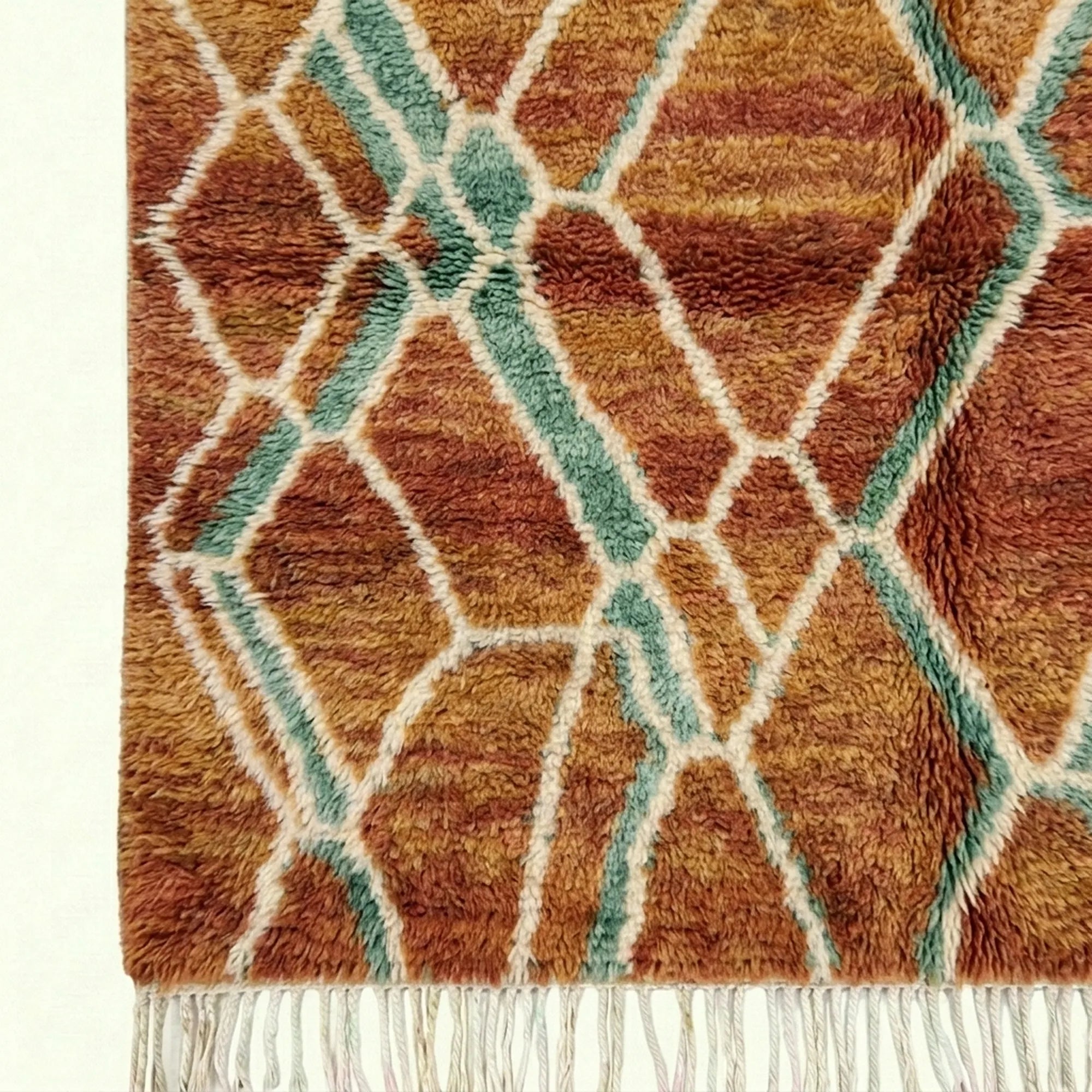 Terracotta and aqua Mrirt rug Amsaw raised pile detail