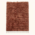 Terracotta and ivory Beni Ourain rug Assif with horizontal textured stripes, flat lay on plain background