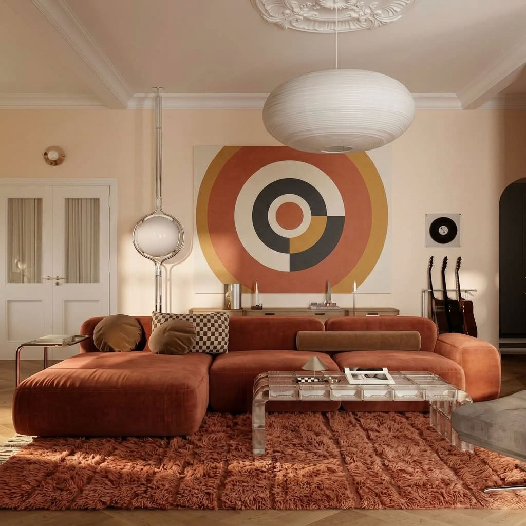Terracotta Beni Ourain rug layered under modern rust sofa in contemporary living room with pale walls