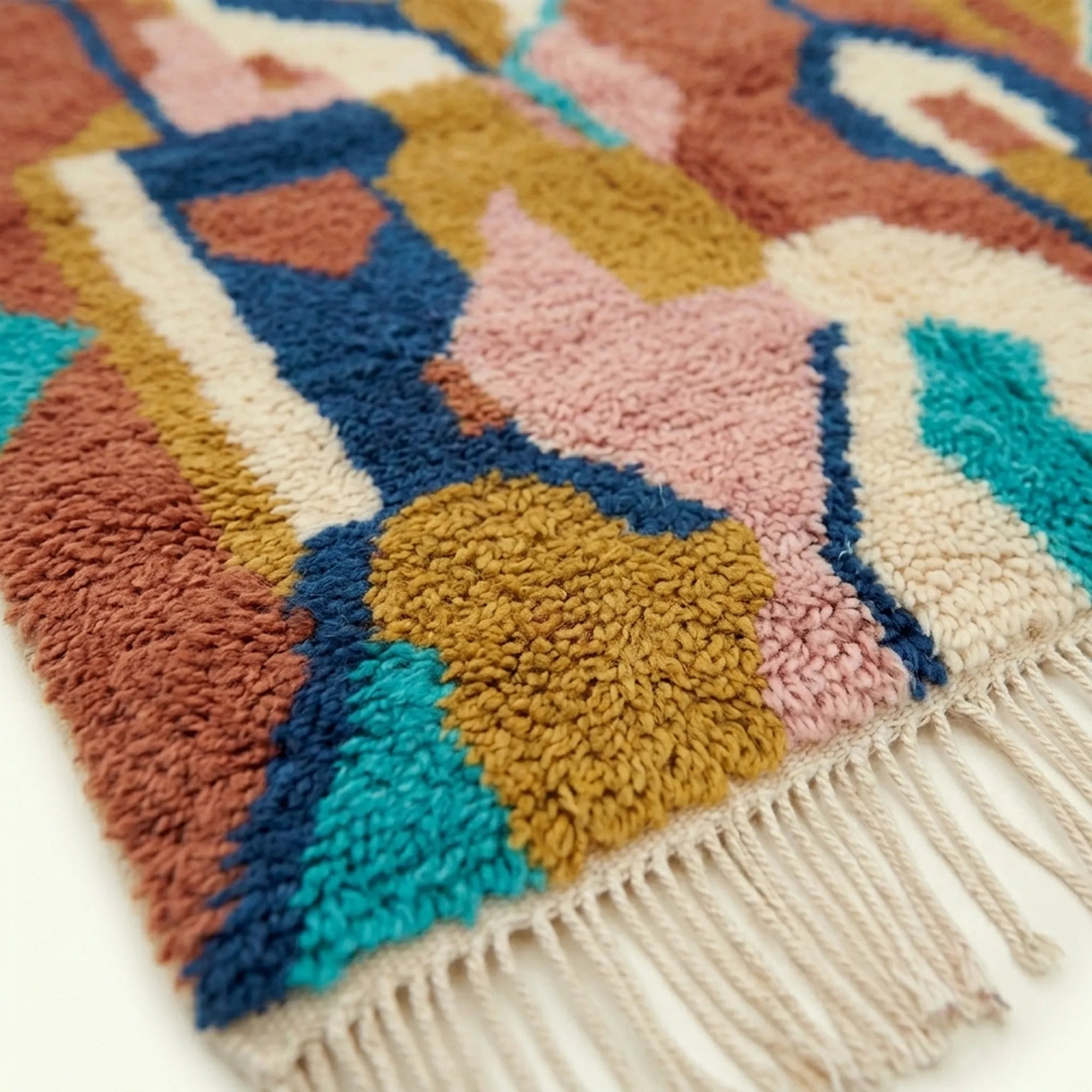 Fringe and wool-pile detail of the Ilyan Boujaad rug in terracotta, blush, teal and ochre