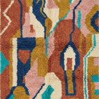 Detailed view of the Ilyan Boujaad rug showing terracotta, blush, ochre and teal abstract shapes