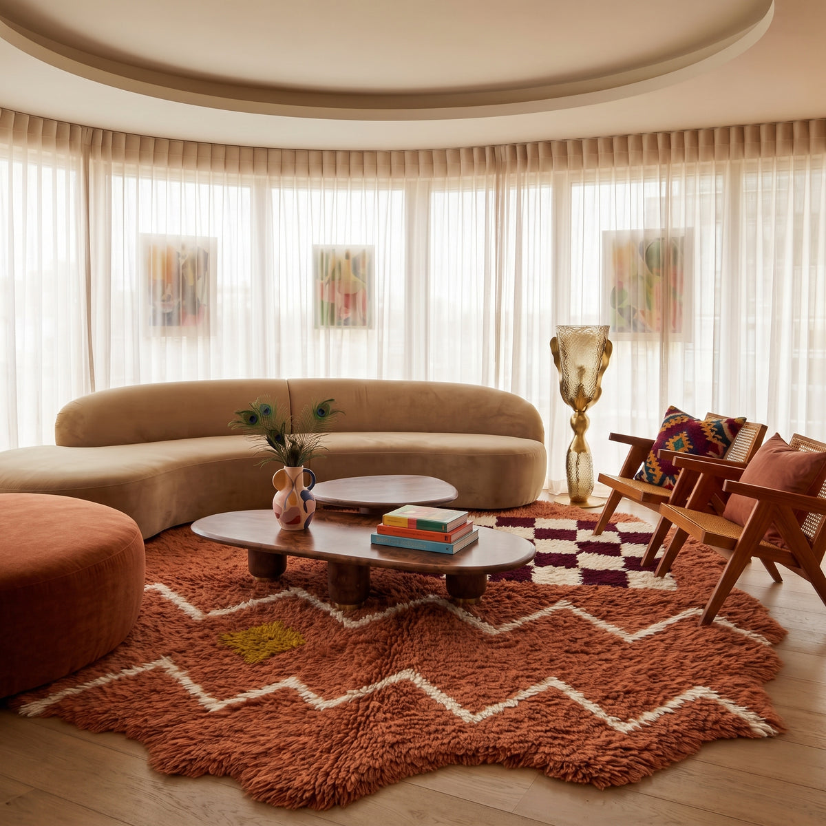 Terracotta Azilal checkerboard rug in a modern living room with curved caramel sofa and contemporary furnishings