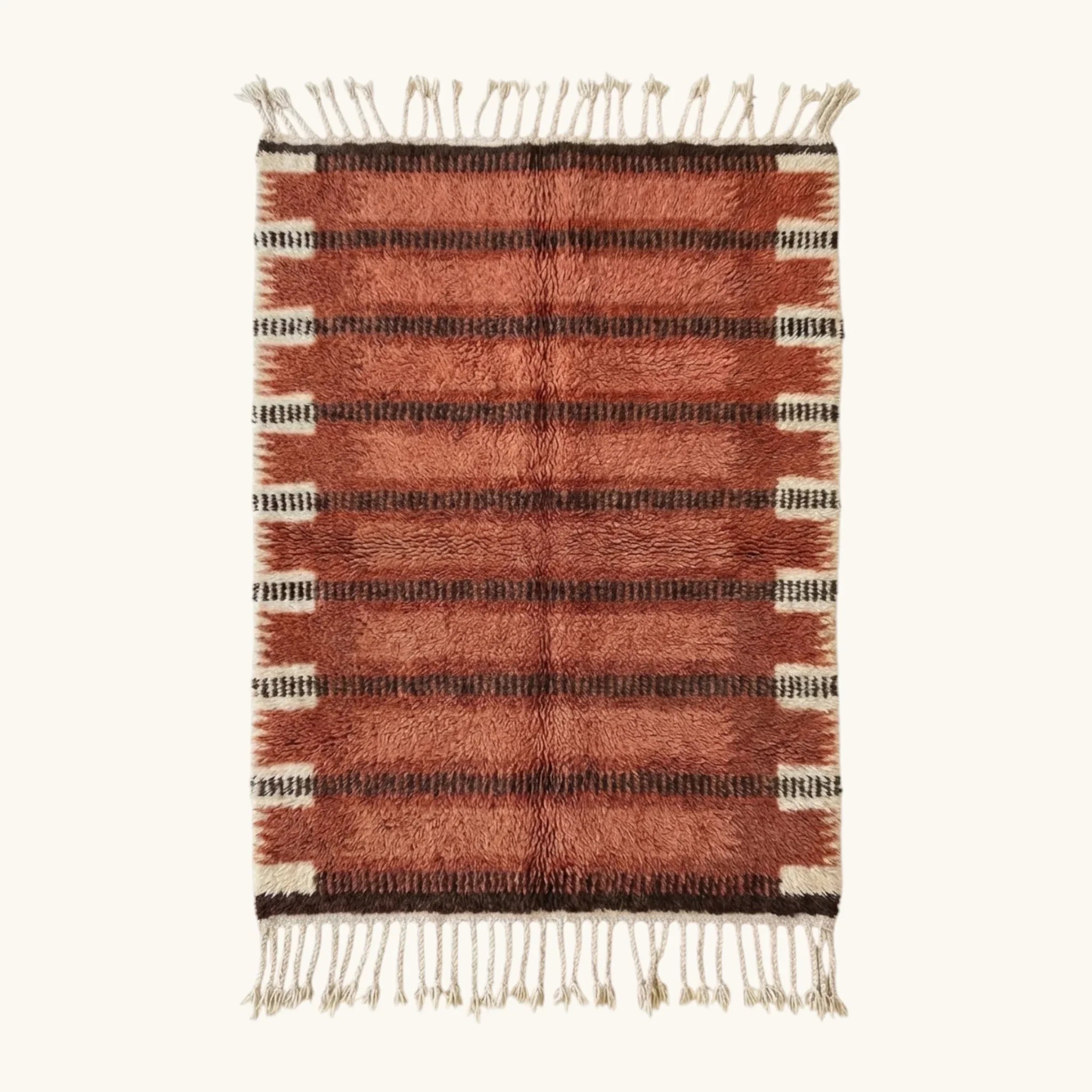 Full view of the Tiziri terracotta, charcoal and ivory Beni Ourain rug with a horizontal band design.