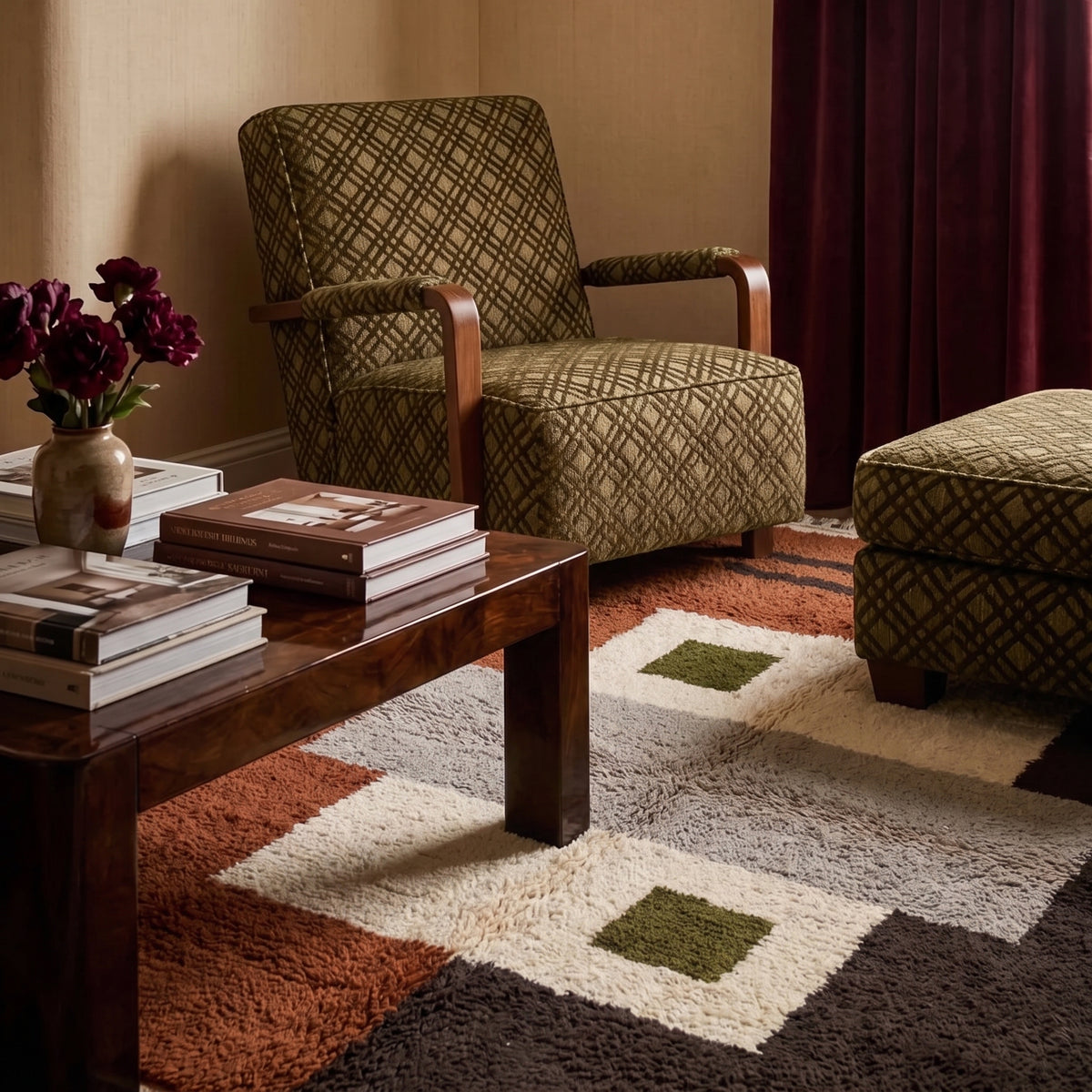 Tawenza Mrirt rug in living room with wooden furniture and patterned armchair