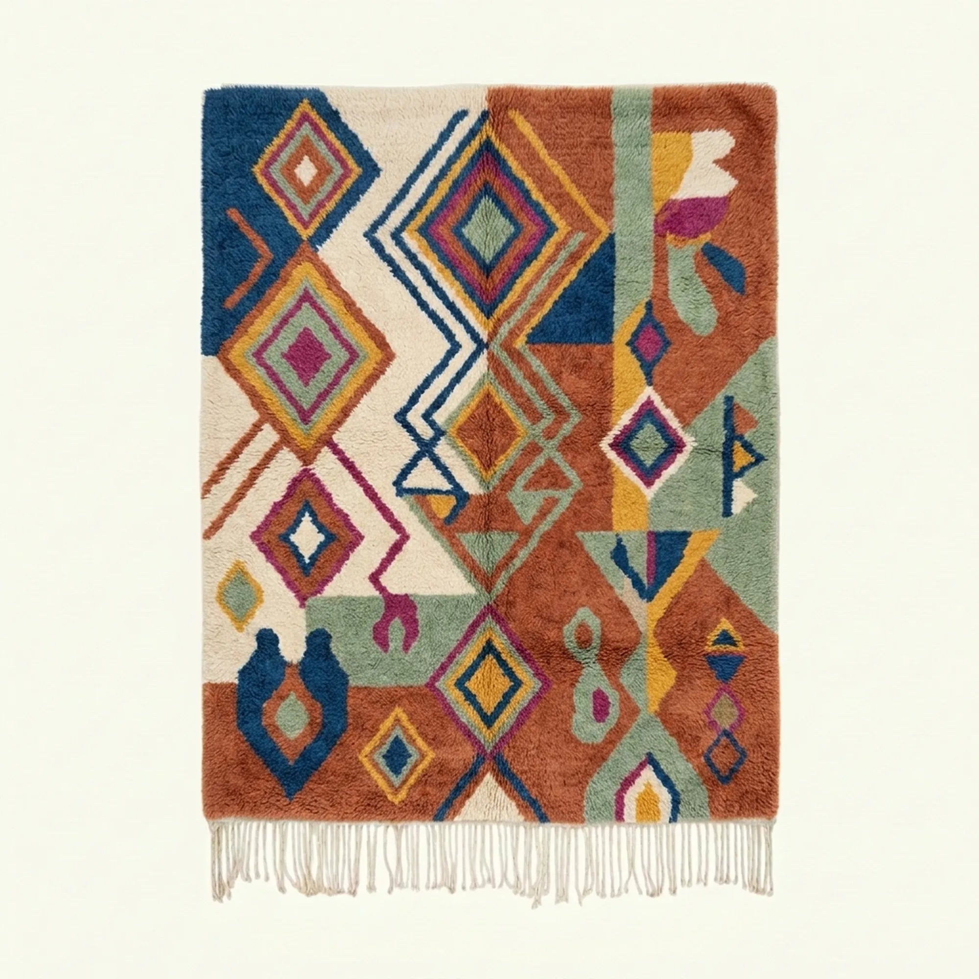 Full view of the Ayyur terracotta, cream and teal Boujaad rug with an oversized diamond and linear design.