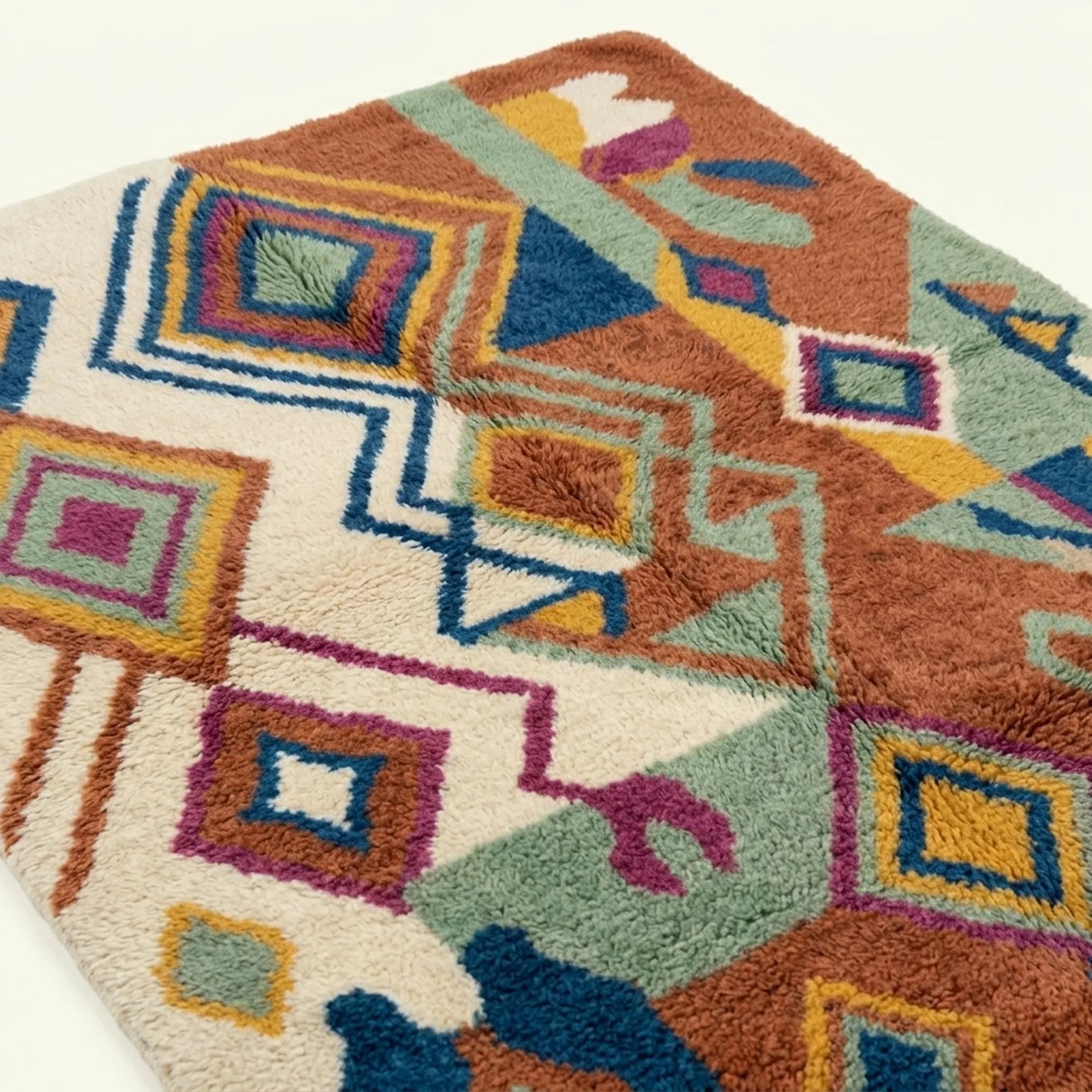 Angled view showing the pattern and wool pile of the Ayyur Boujaad rug.