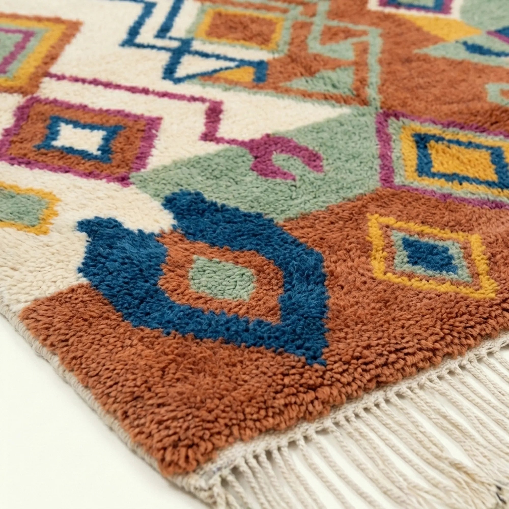Close-up of the natural wool pile and woven texture of the Ayyur Boujaad rug.