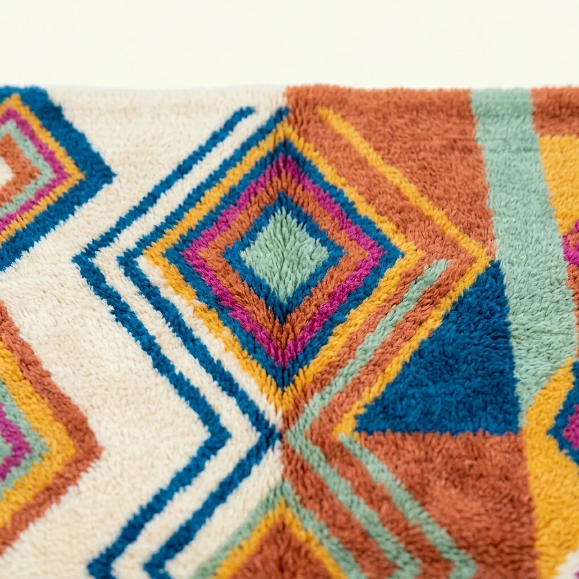 Detail view of the Ayyur Boujaad rug showing its colorful handwoven pattern.