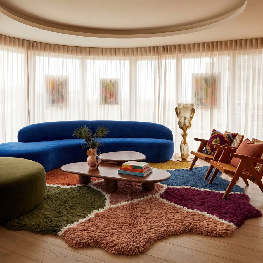 Talwit Azilal rug in living room with blue sofa, showing multicolour patches and organic design in interior setting