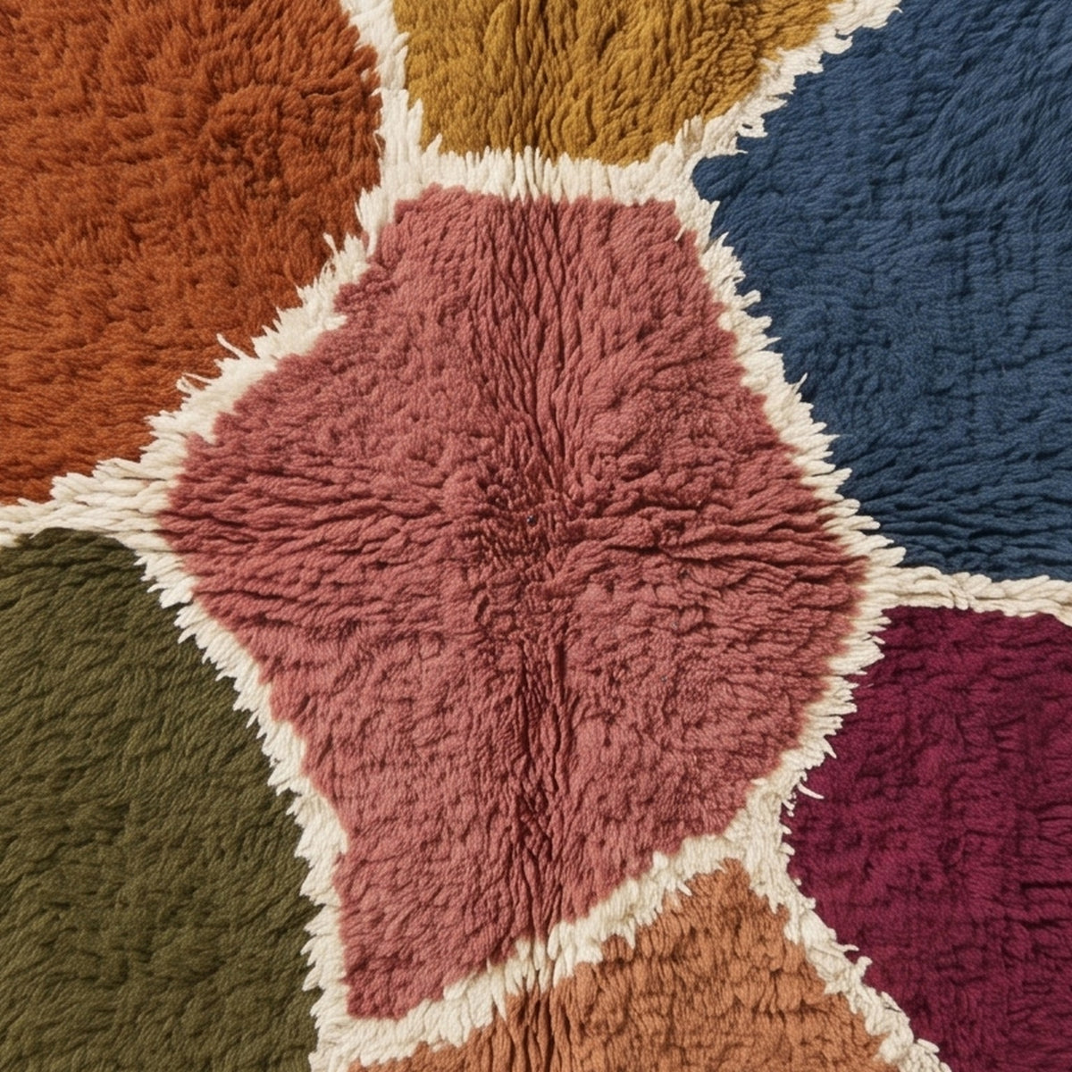 Macro detail of Talwit Azilal rug pile and colour block boundaries with ivory separating lines