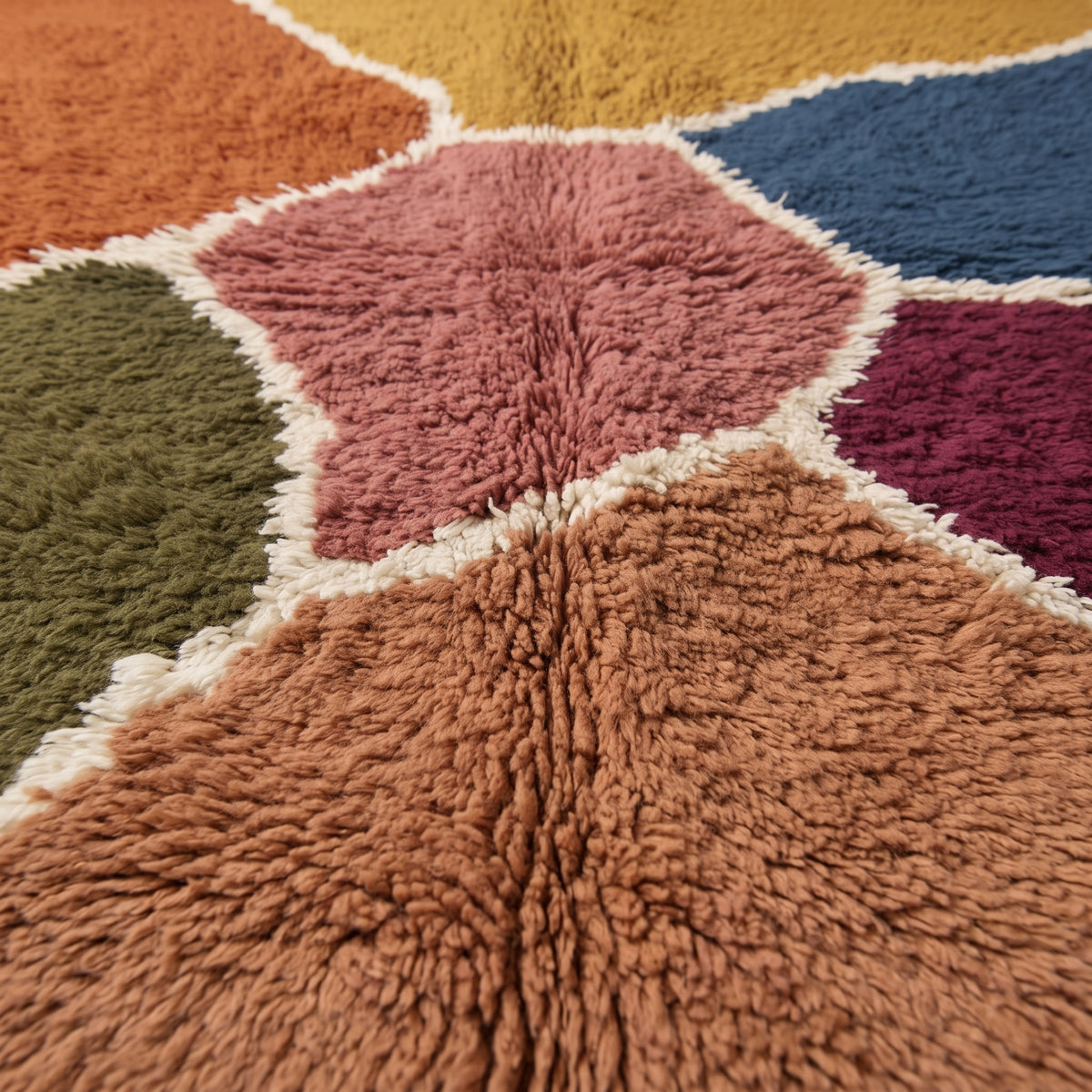 Close-up texture detail of Talwit showing handwoven wool pile and colour transitions between patches
