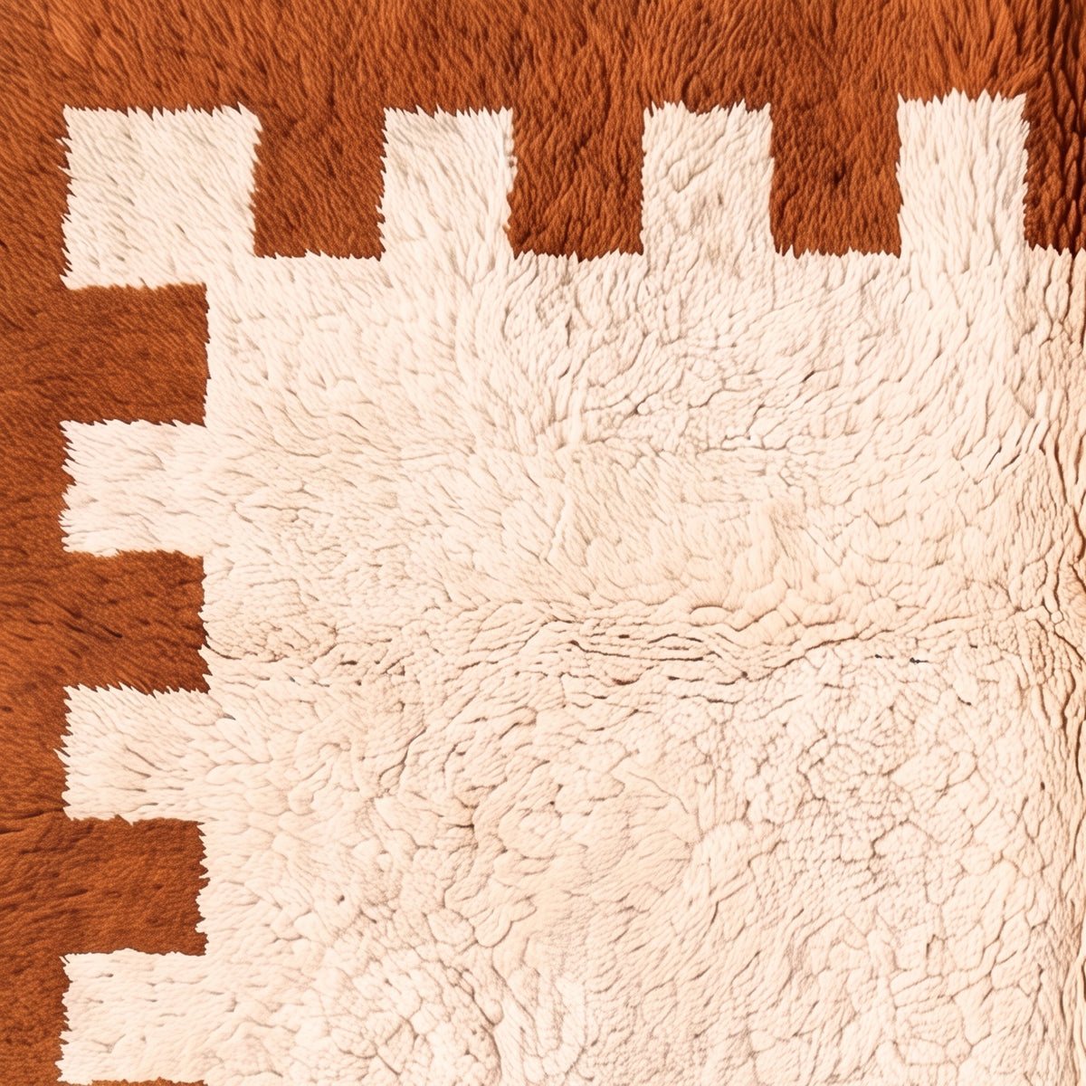 Corner detail of terracotta border with crenellated pattern and cream fringe