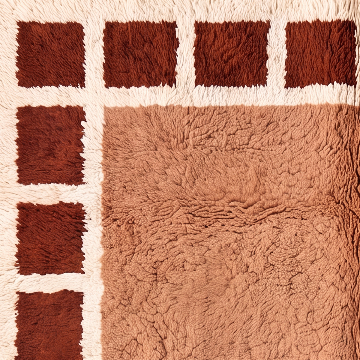 Angled detail of Tafat rug showing border squares and central field pile depth