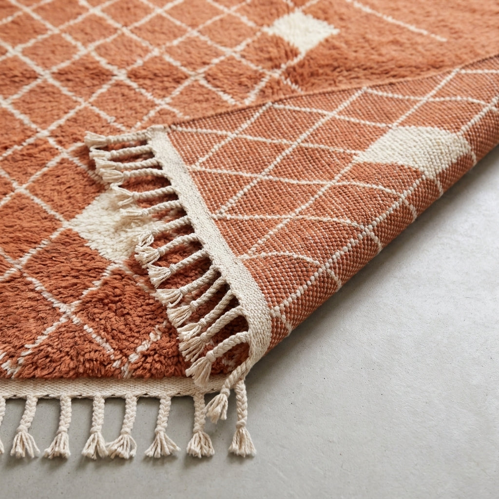 Close-up of edge and fringe on terracotta and ivory diamond lattice rug, showing handwoven construction and twisted tassel fringe