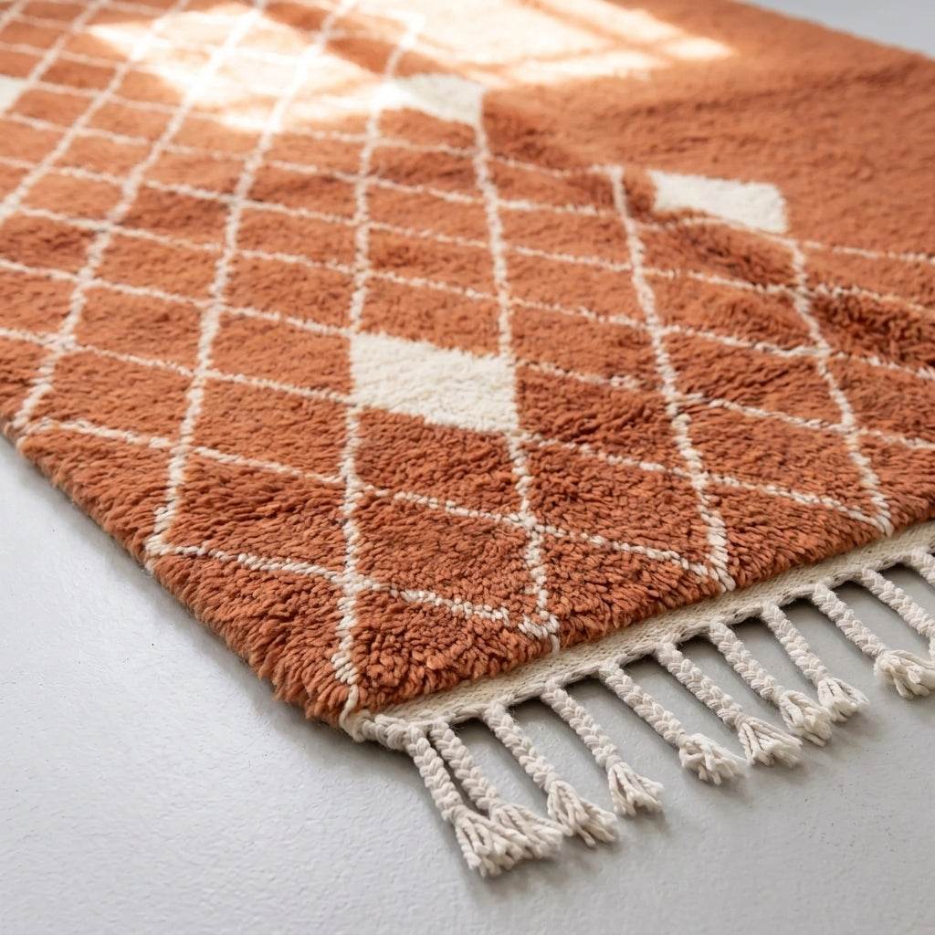 Angled pile detail of terracotta Beni Ourain rug showing soft wool texture, diamond lattice pattern, and cream fringe