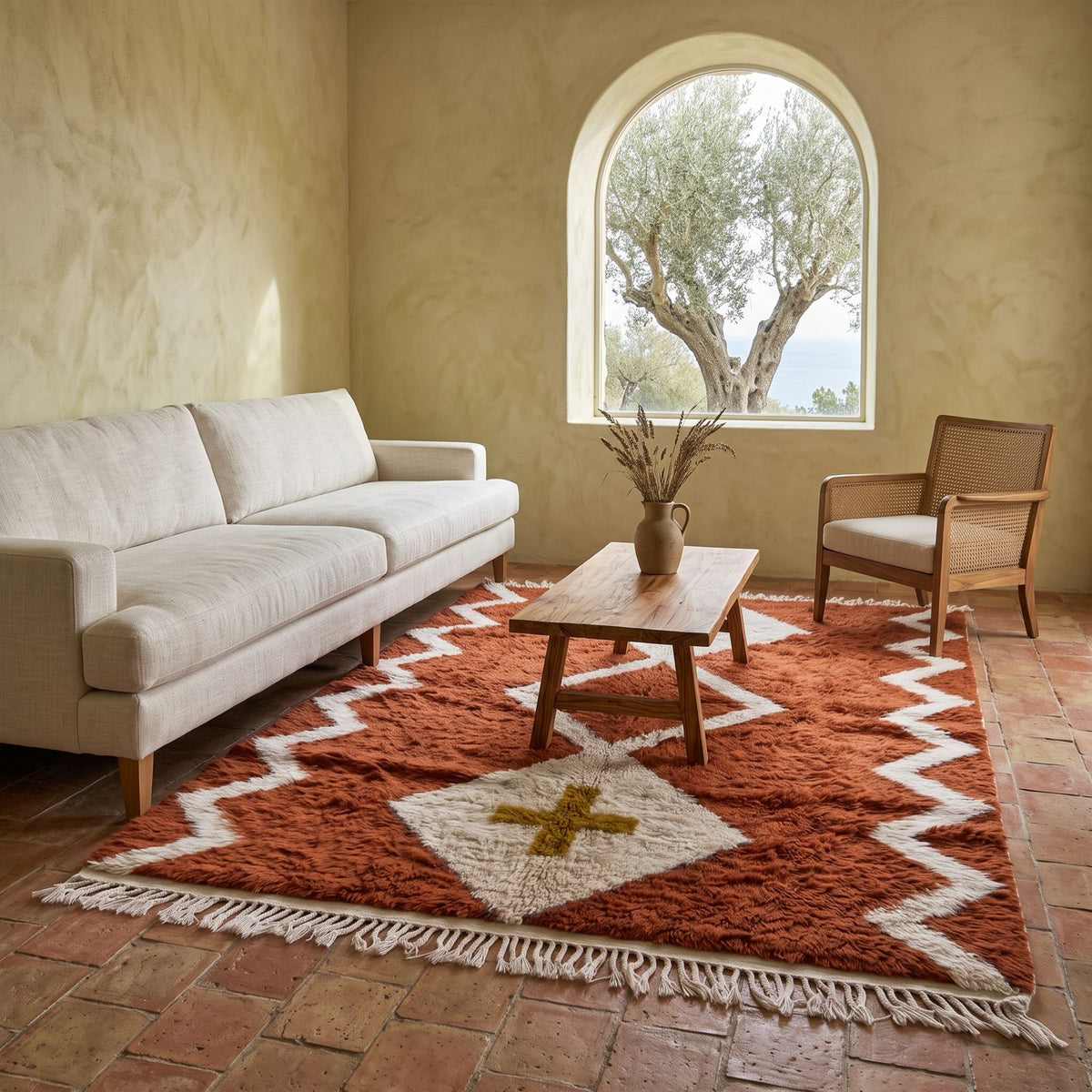 Terracotta and ivory Beni Ourain rug in Mediterranean living room with cream sofa and arched window
