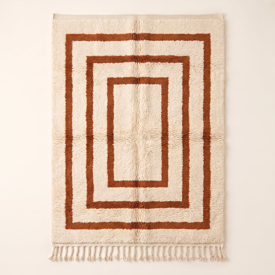 Terracotta and ivory Beni Ourain rug with four nested rectangular frames, full flat view