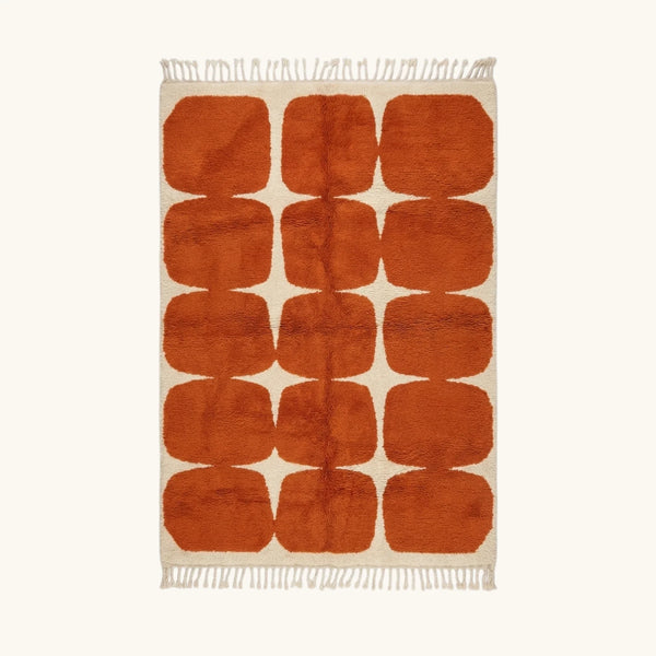 Terracotta and Ivory Beni Ourain Rug – Rounded Grid Design – Tifawt