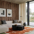 Tifawt terracotta and ivory Beni Ourain rug styled in a refined living room.