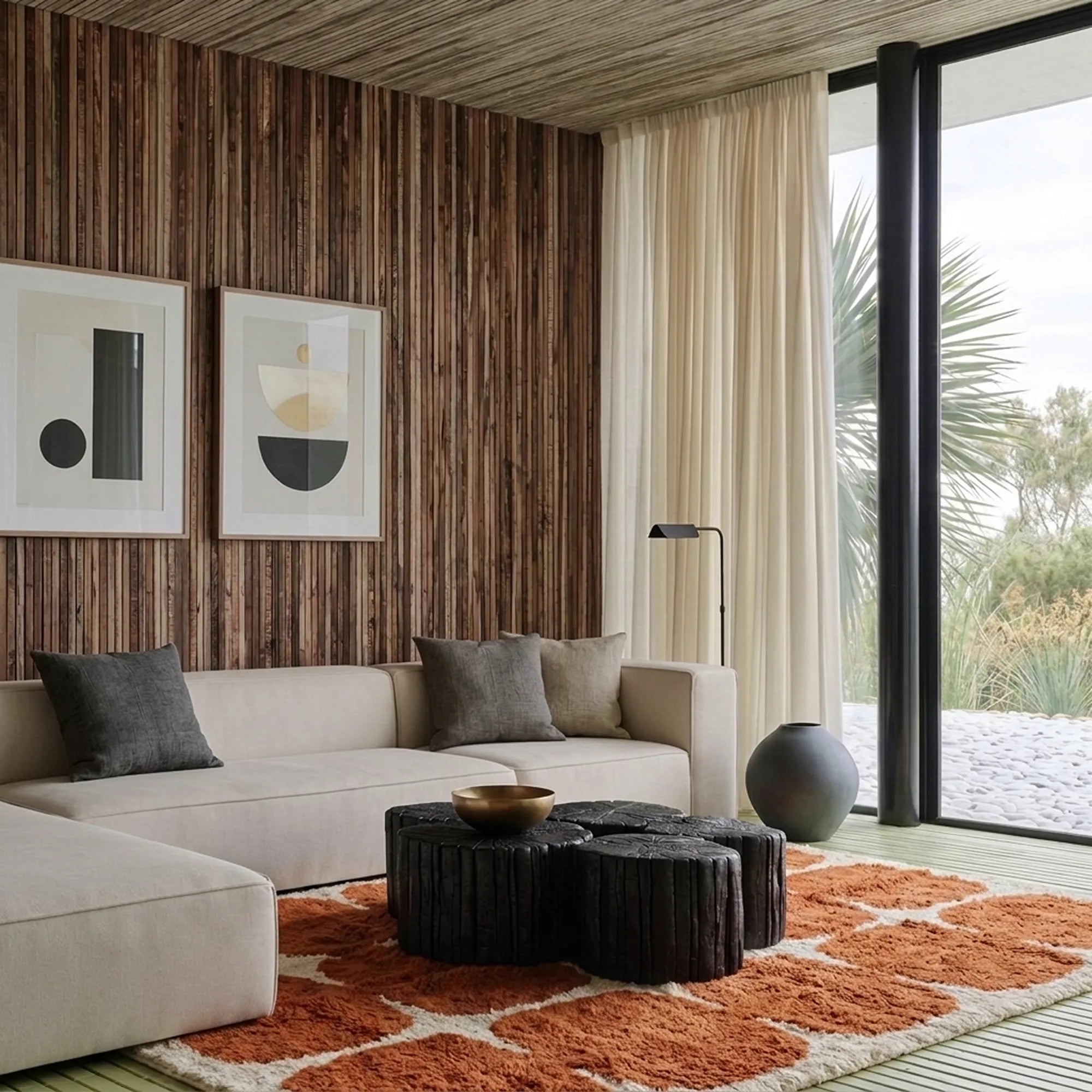 Tifawt terracotta and ivory Beni Ourain rug styled in a refined living room.