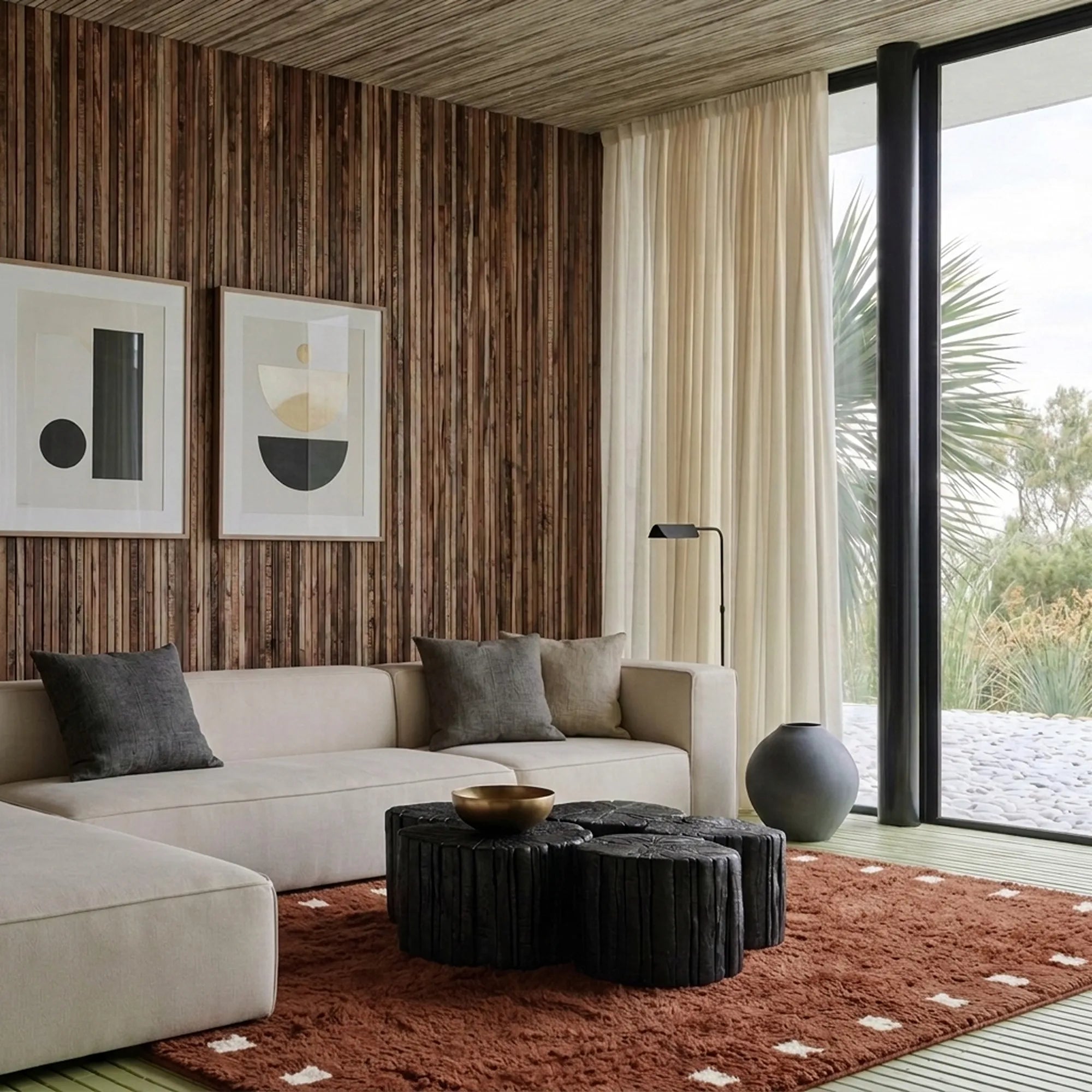Terracotta and ivory square border Moroccan rug styled in a living room.