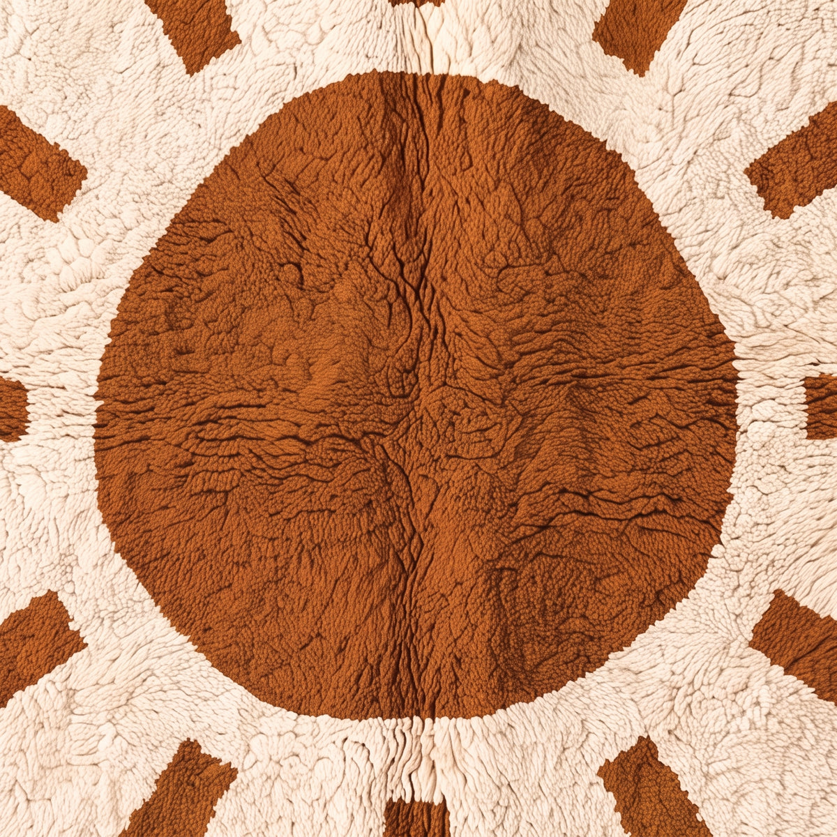 Macro detail of central sun circle and radiating rays showing hand-knotted texture on Beni Ourain wool rug