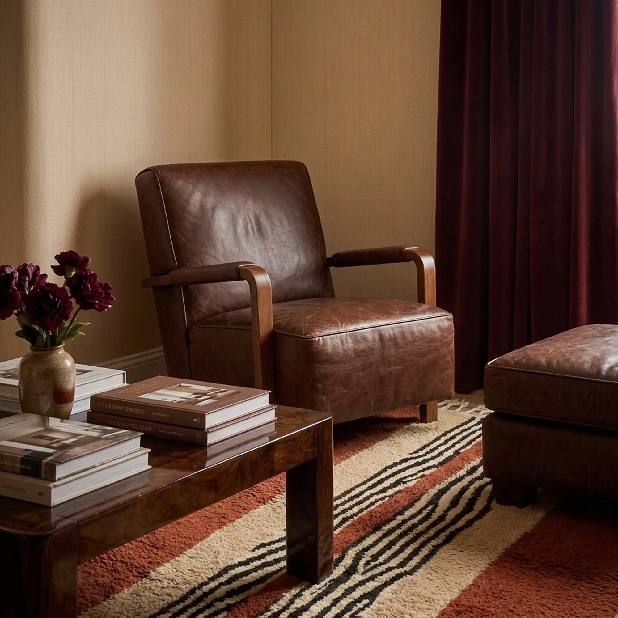 Azar terracotta, ivory and black Beni Ourain rug styled in a refined living room.