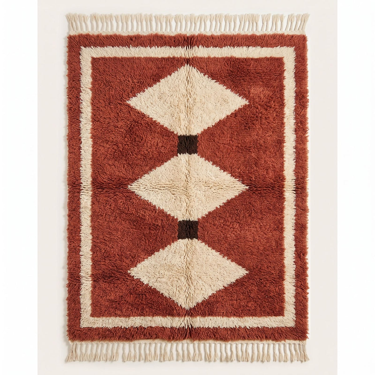 Terracotta and ivory Boujaad rug with three stacked diamond motifs and black separators, plain background