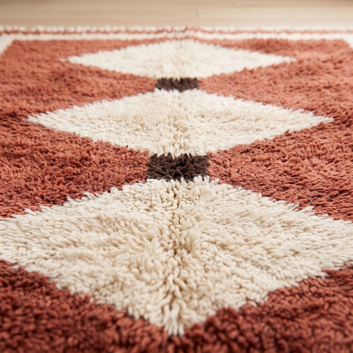 Angled view of cream diamond motif showing plush pile depth and black separator lines