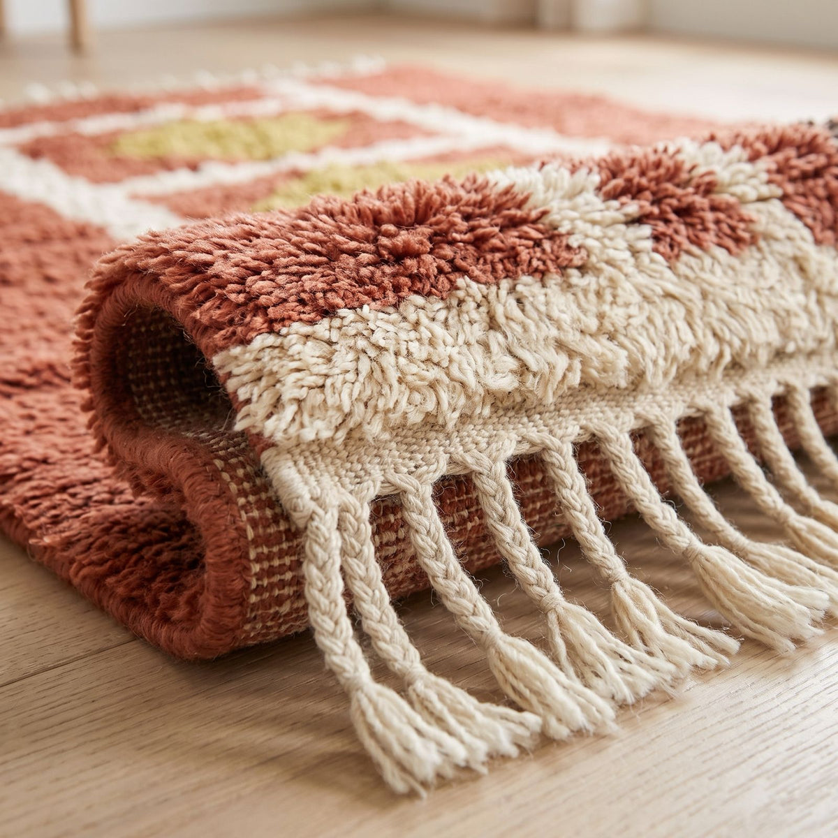 Twisted cream fringe and folded edge detail of terracotta Mrirt rug