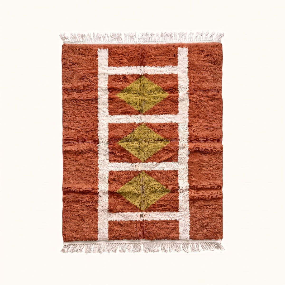 Terracotta, ivory and chartreuse Mrirt rug with geometric grid and diamond motifs, flat view