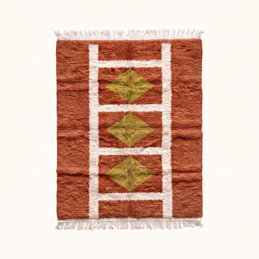 Terracotta, ivory and chartreuse Mrirt rug with geometric grid and diamond motifs, flat view