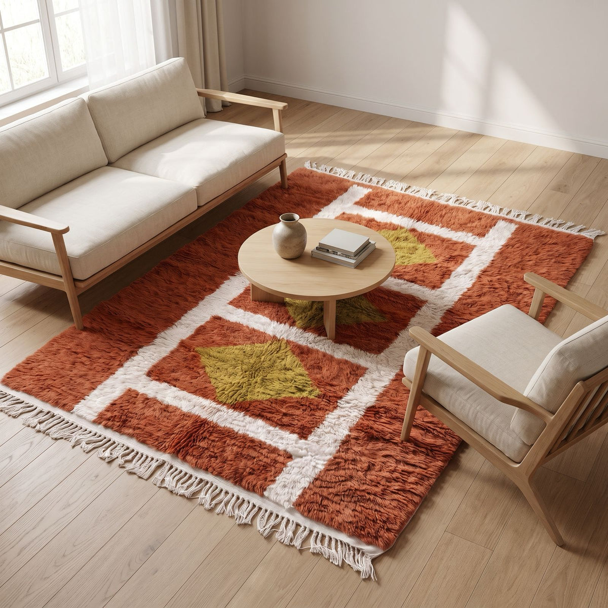 Terracotta and ivory Mrirt rug in living room setting with cream sofa and wooden furniture