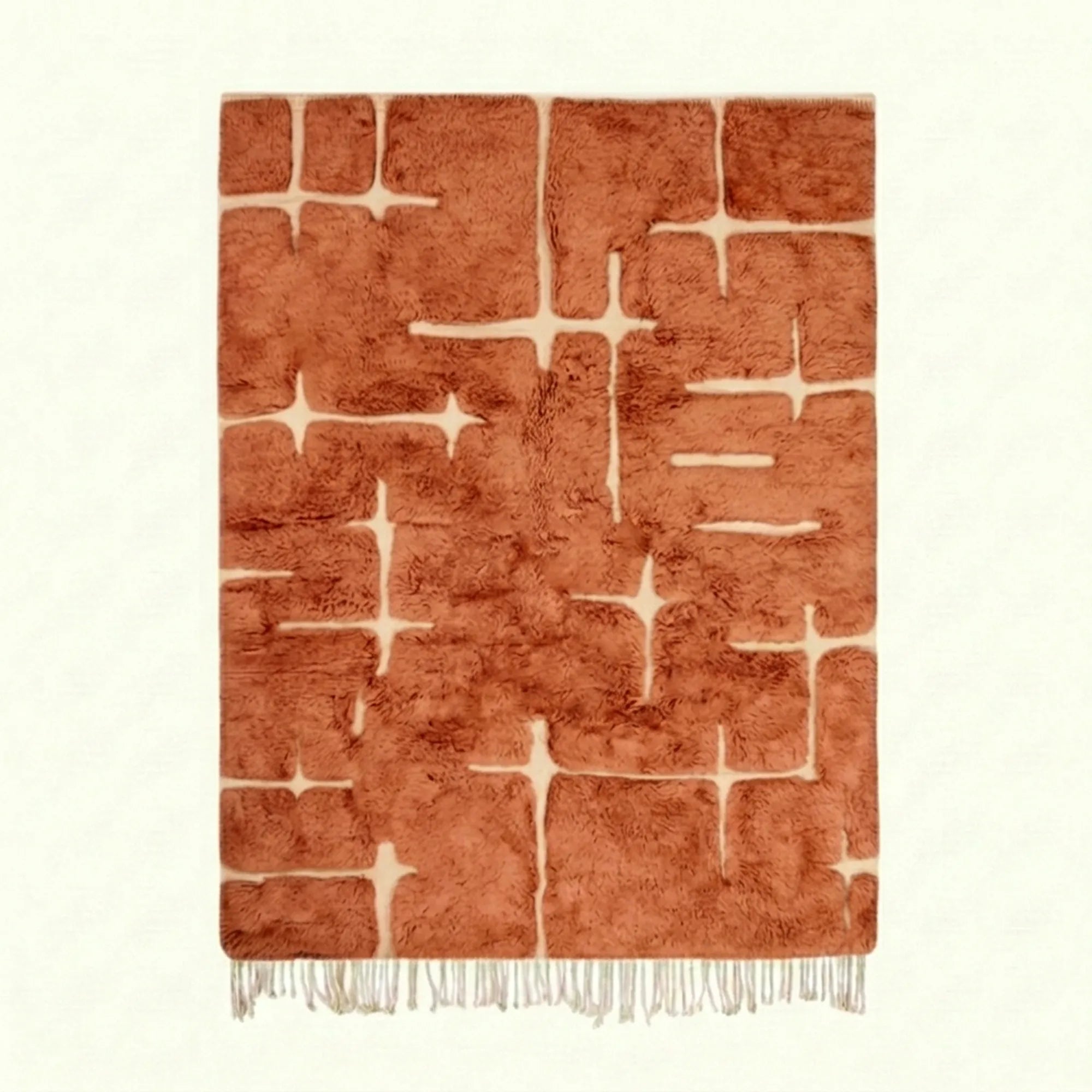 Terracotta and ivory Mrirt rug Tamurt with abstract grid pattern, full rug view