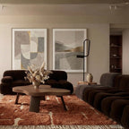 Terracotta and ivory Mrirt rug Tamurt styled in a living room