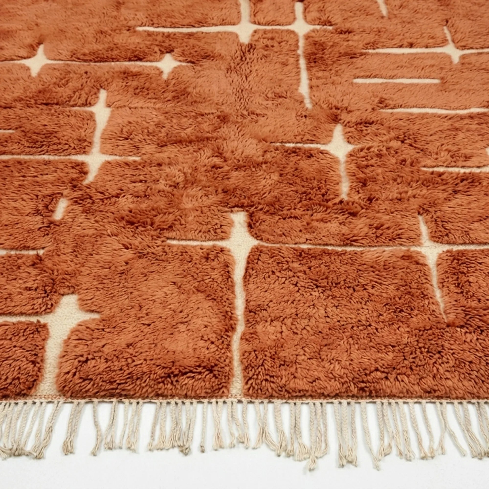Terracotta and ivory Mrirt rug Tamurt fringe and wool detail