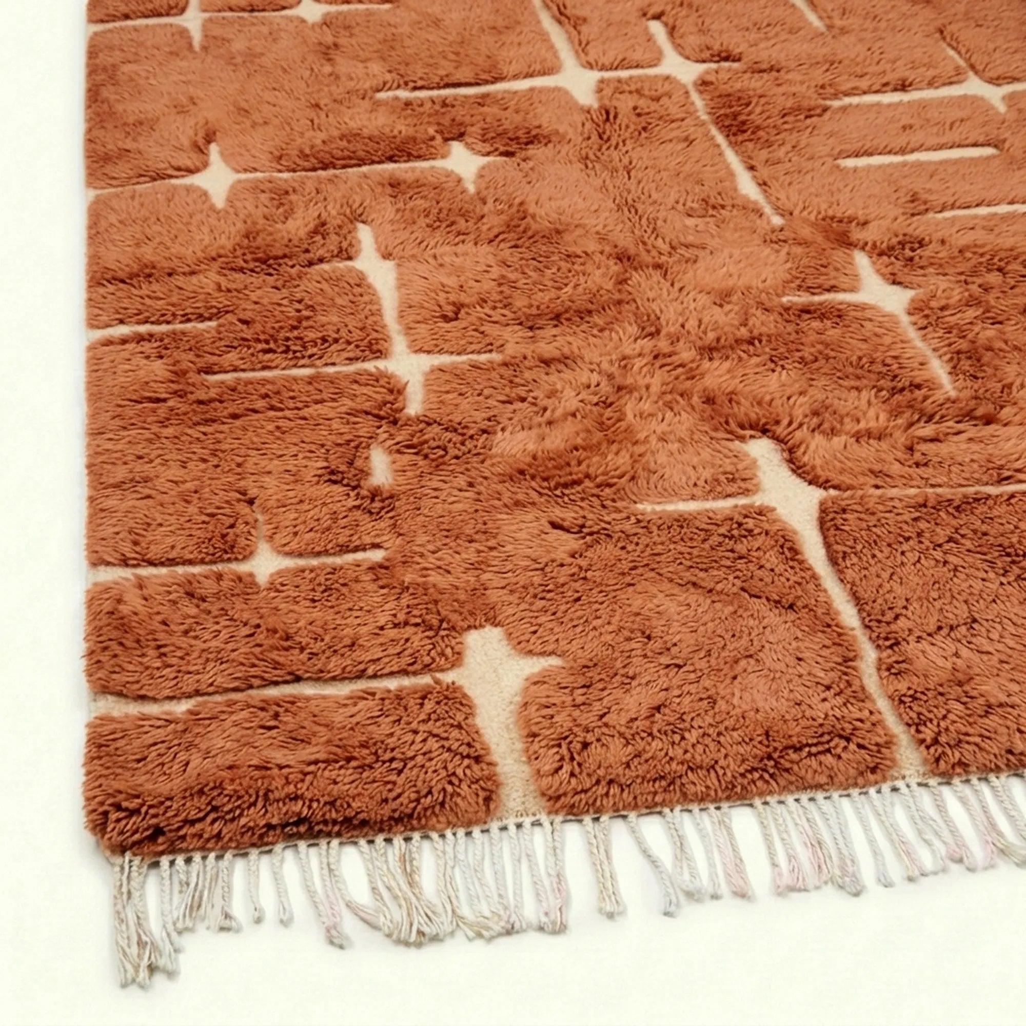 Terracotta and ivory Mrirt rug Tamurt edge texture detail