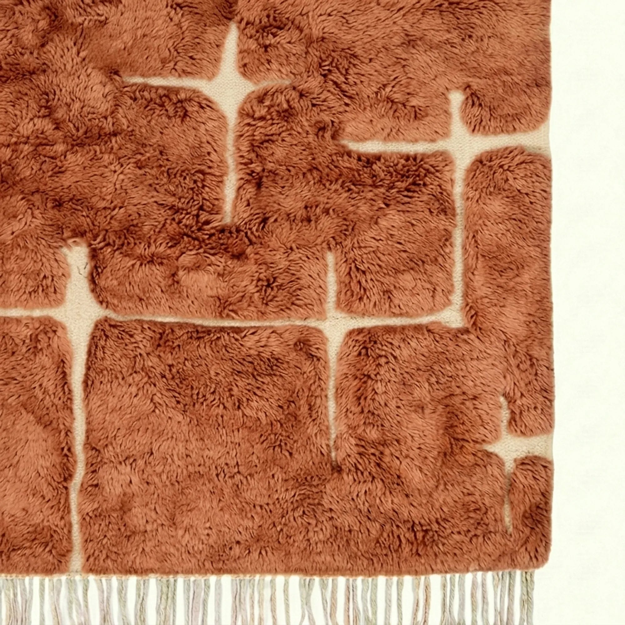 Terracotta and ivory Mrirt rug Tamurt border and fringe close-up