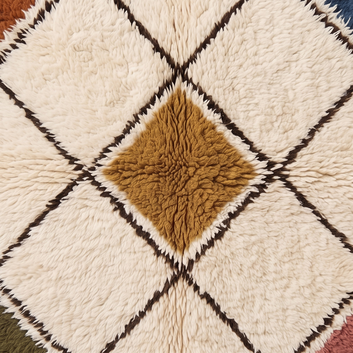 Close-up of thick soft pile showing gold diamond centre surrounded by cream squares and dark brown lattice lines on Beni Ourain rug