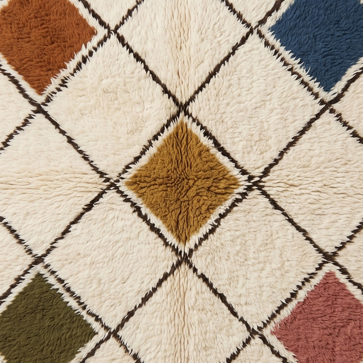 Detailed view of terracotta, navy, gold and olive coloured diamonds with dark brown lattice on ivory Beni Ourain rug