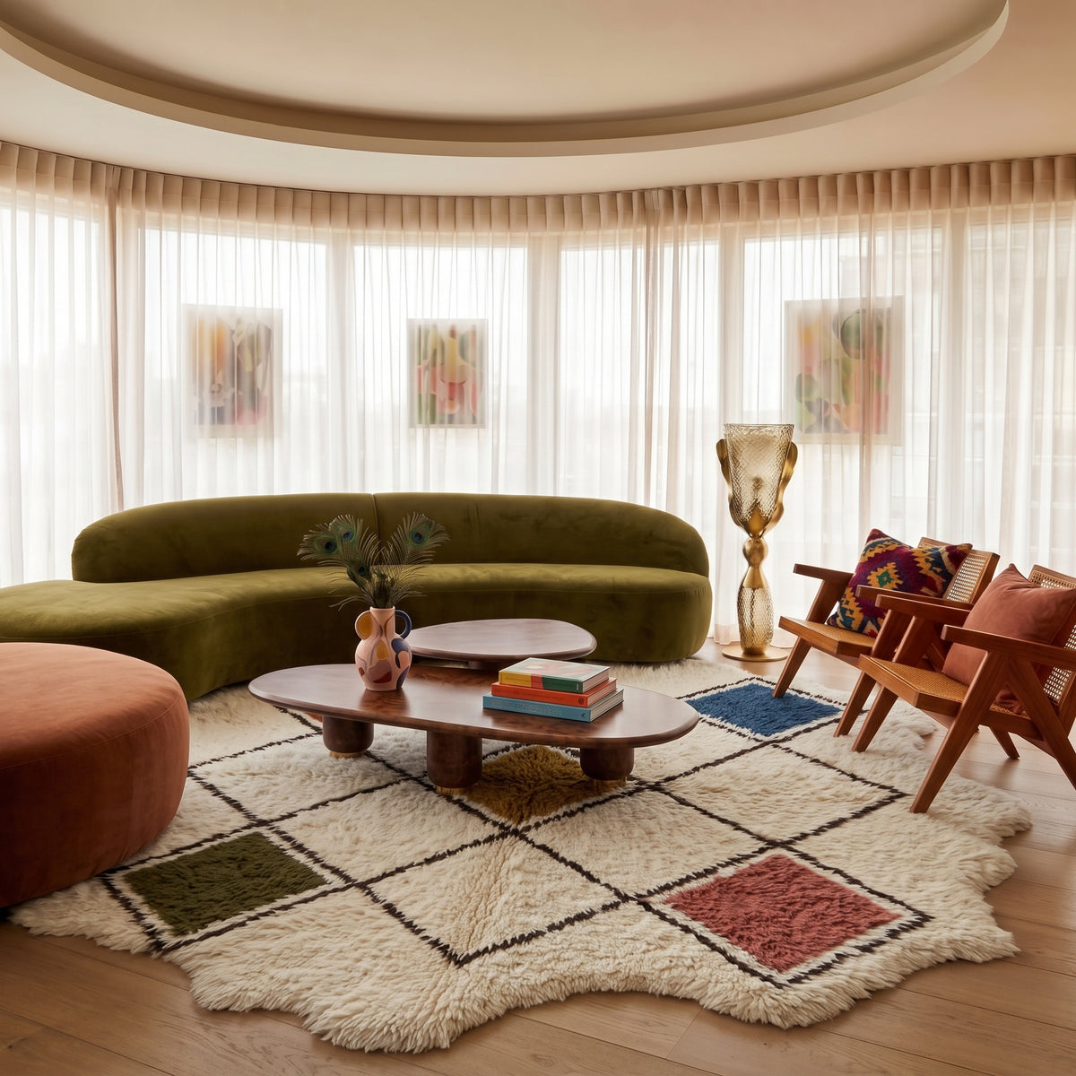 Terracotta, navy, gold, olive and rose diamond lattice Beni Ourain rug in modern living room with curved green sofa and wooden furniture