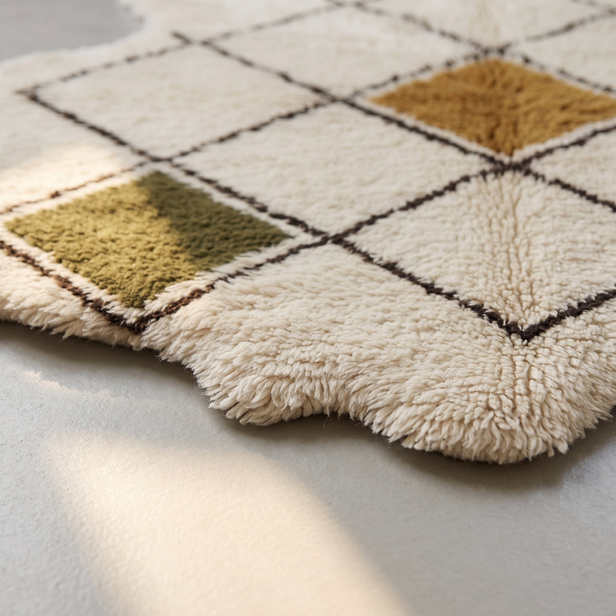 Angled view of Beni Ourain rug pile showing olive and ivory squares with gold diamond centre and dark brown lines