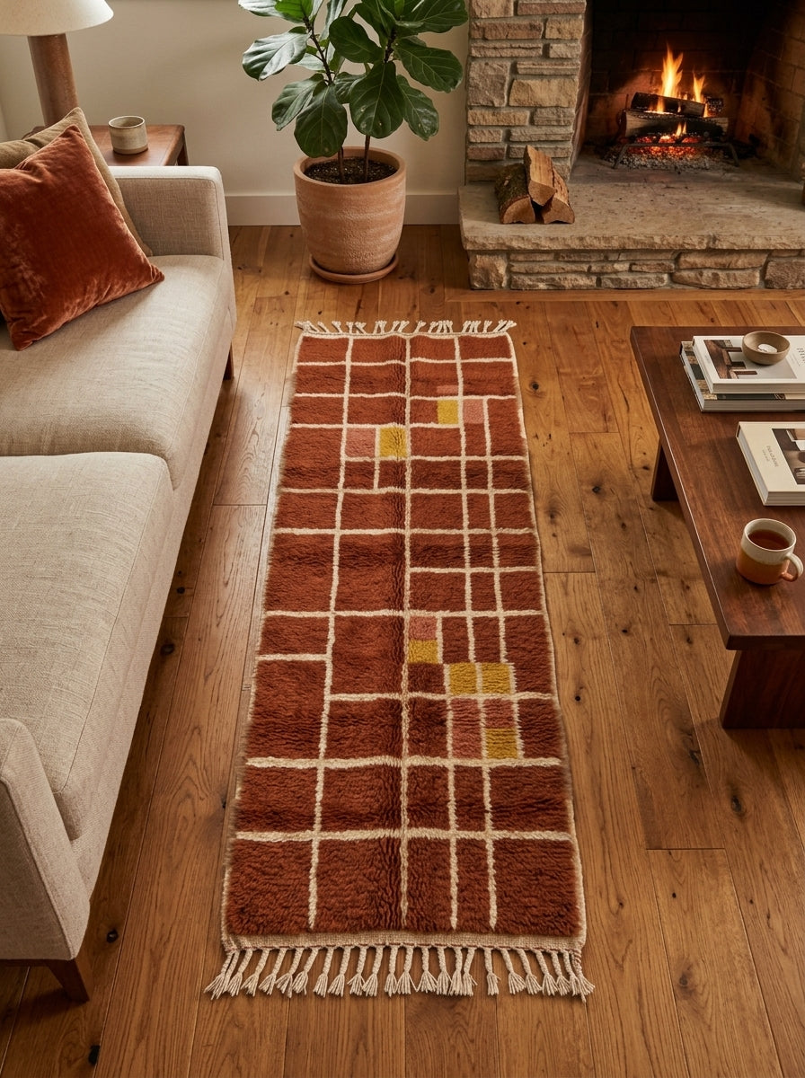 Terracotta Mrirt runner placed in front of beige sofa by fireplace with wooden floor