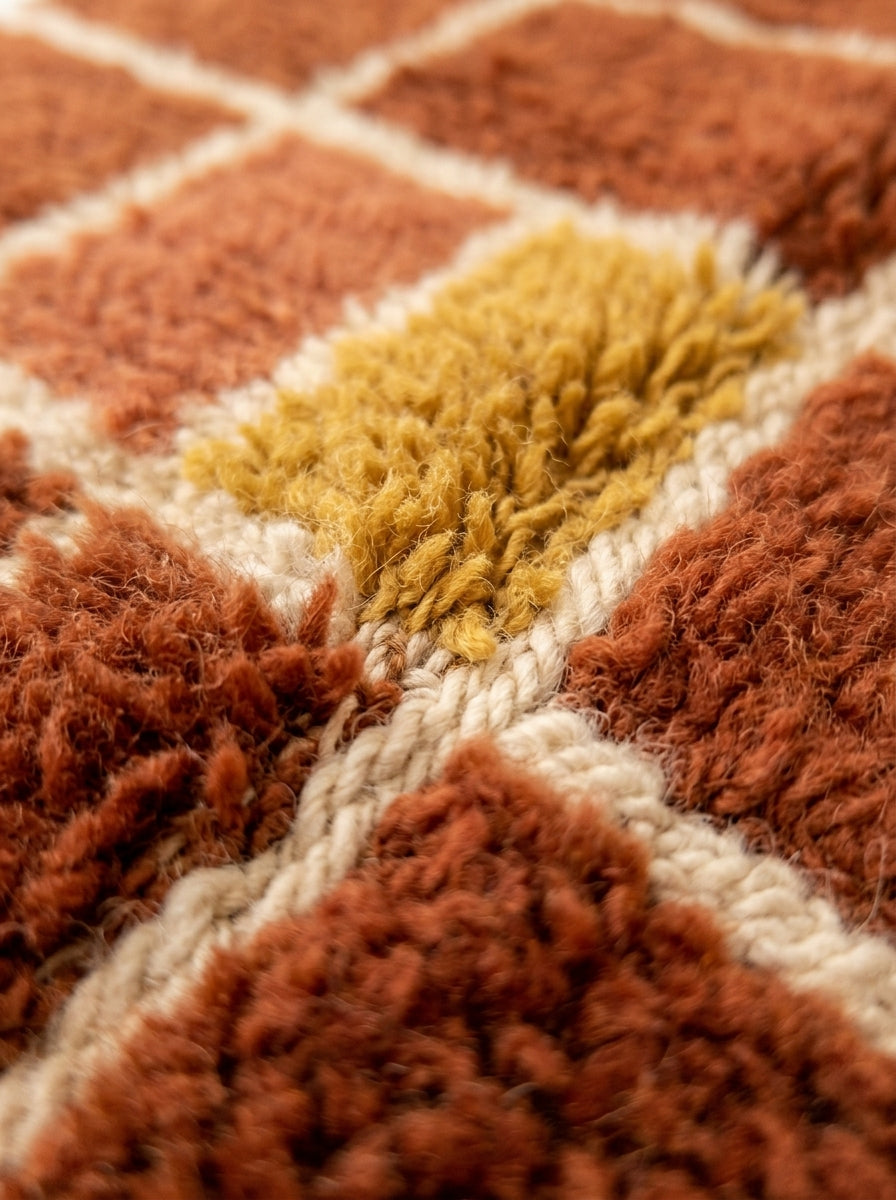 Detailed view of mustard yellow and rust wool squares separated by cream lines in grid check pattern