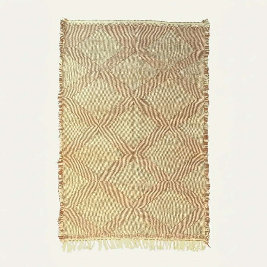 Terracotta and ivory Zanafi kilim rug Tiziriq with diamond medallions, full rug view