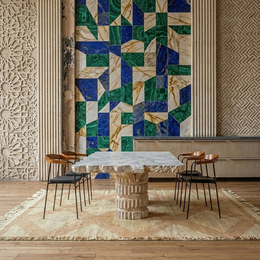 Terracotta and ivory Zanafi kilim rug Tiziriq with diamond medallions, styled living room view