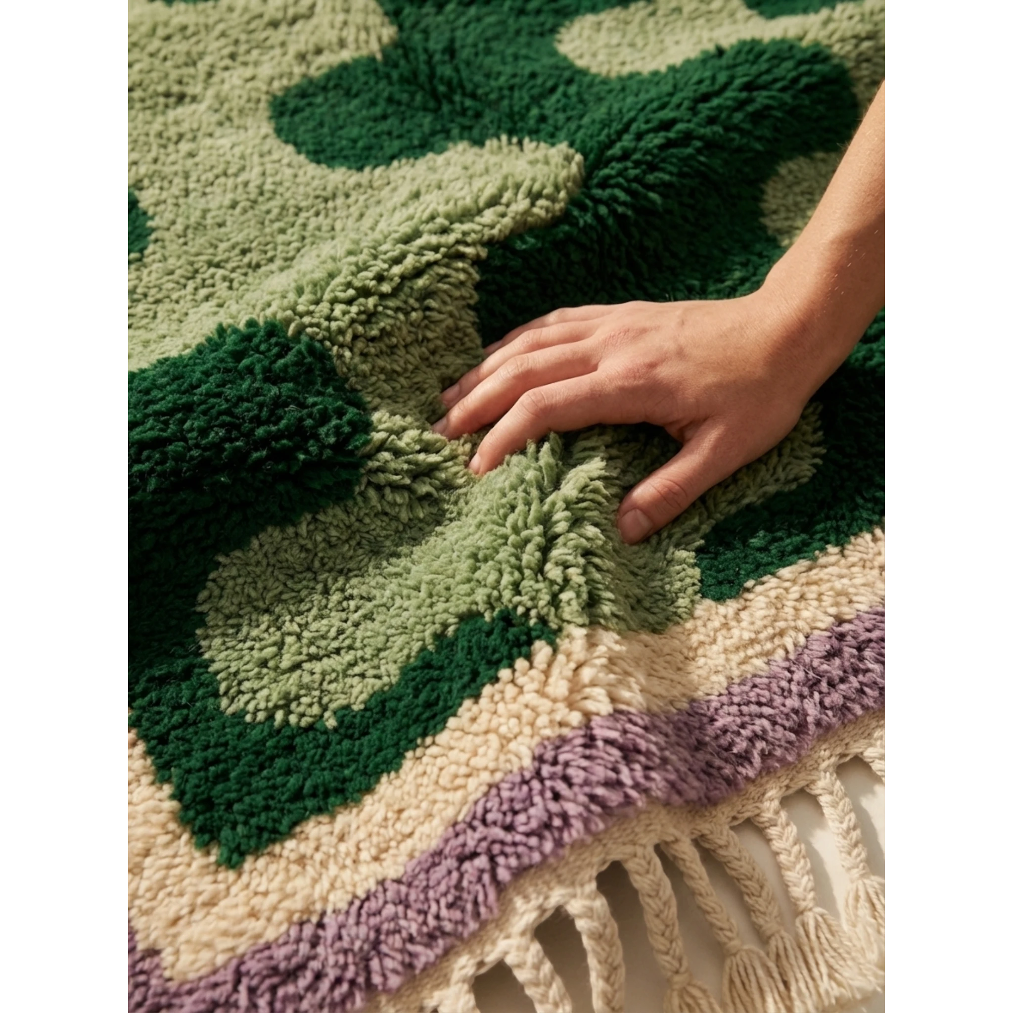 Fringe corner of the Tifawt Beni Ourain rug with green, ivory and lavender wool.