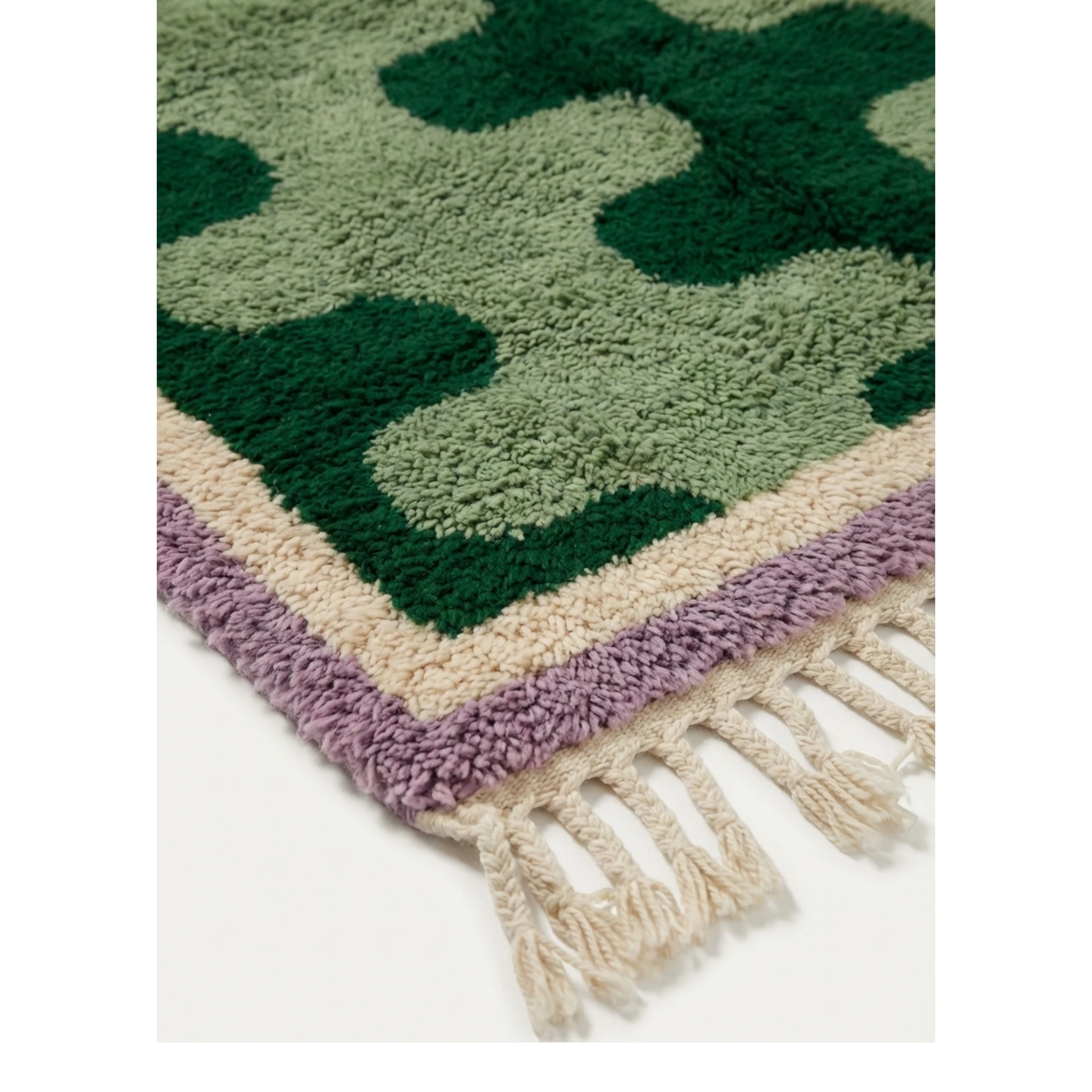 Tifawt green abstract Beni Ourain rug styled in a contemporary living room.