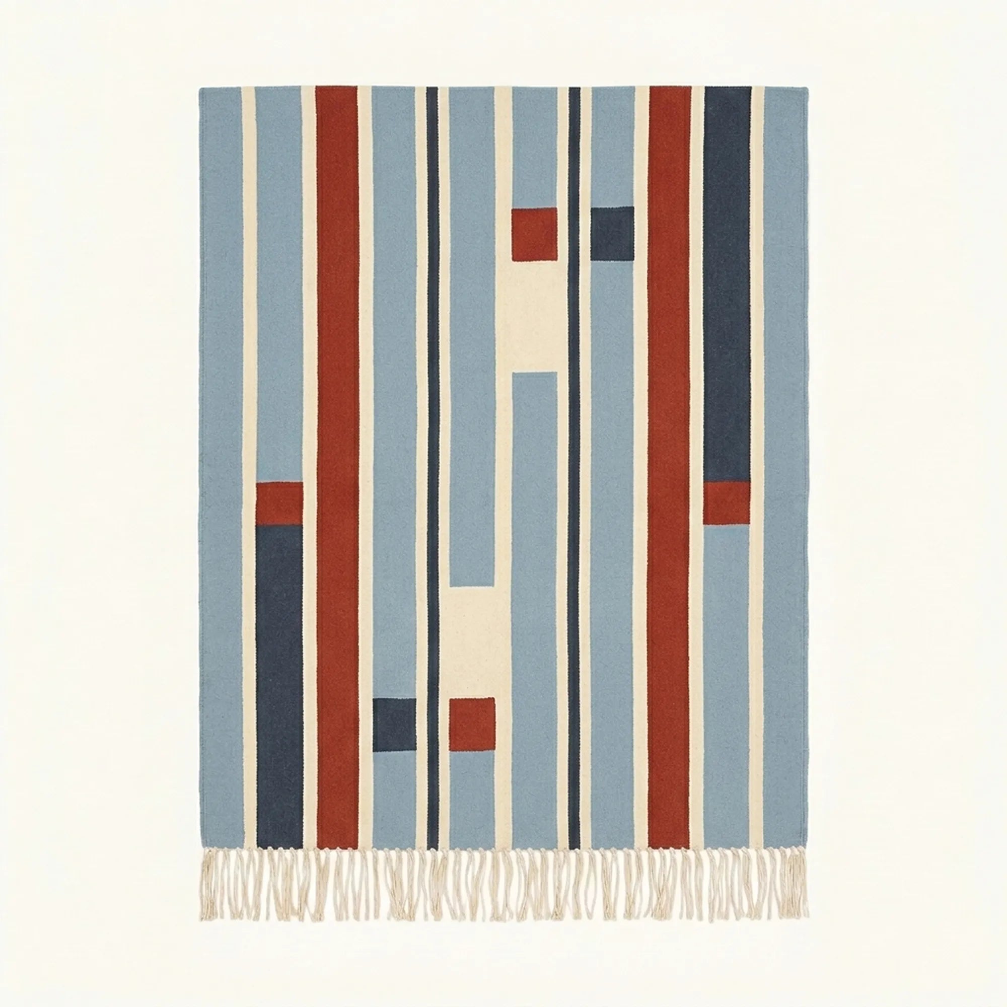 Blue Zanafi Kilim rug Tifernine with offset navy and rust stripes, full rug view