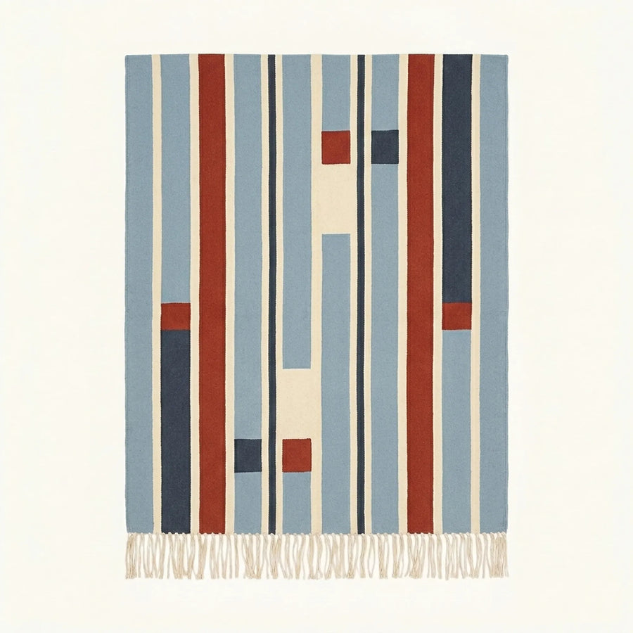 Blue Zanafi Kilim rug Tifernine with offset navy and rust stripes, full rug view